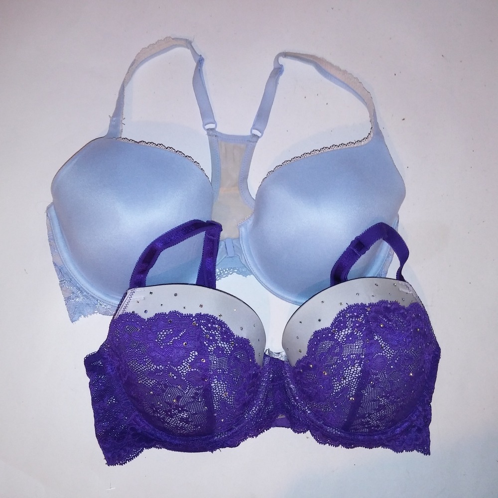 Set of 2 Victoria Secret Bra 34DD Lined Demi Blue Purple Bling Underwire